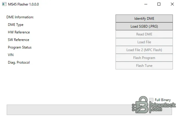 MS45 Flasher interface with BMW DME identification, read, program and tune flash controls