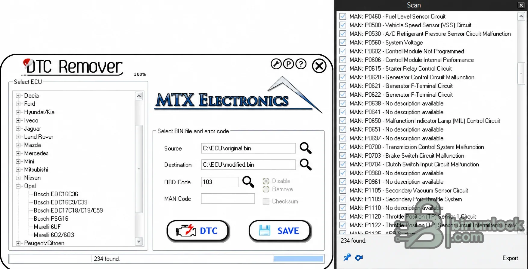 MTX DTC Remover interface showing ECU family selection, BIN paths and a diagnostic trouble-code scan list