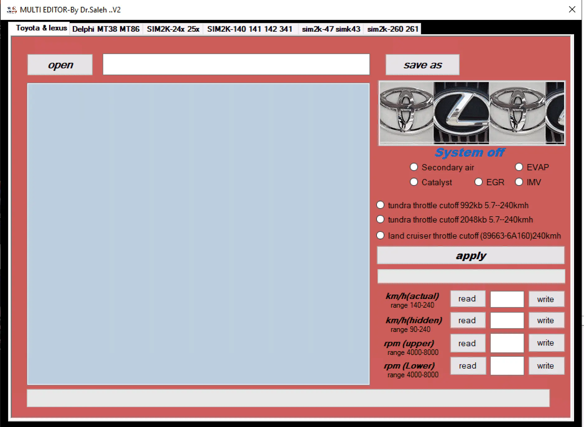 Multi Editor v2 Toyota Lexus tab with system off presets and throttle cutoff options