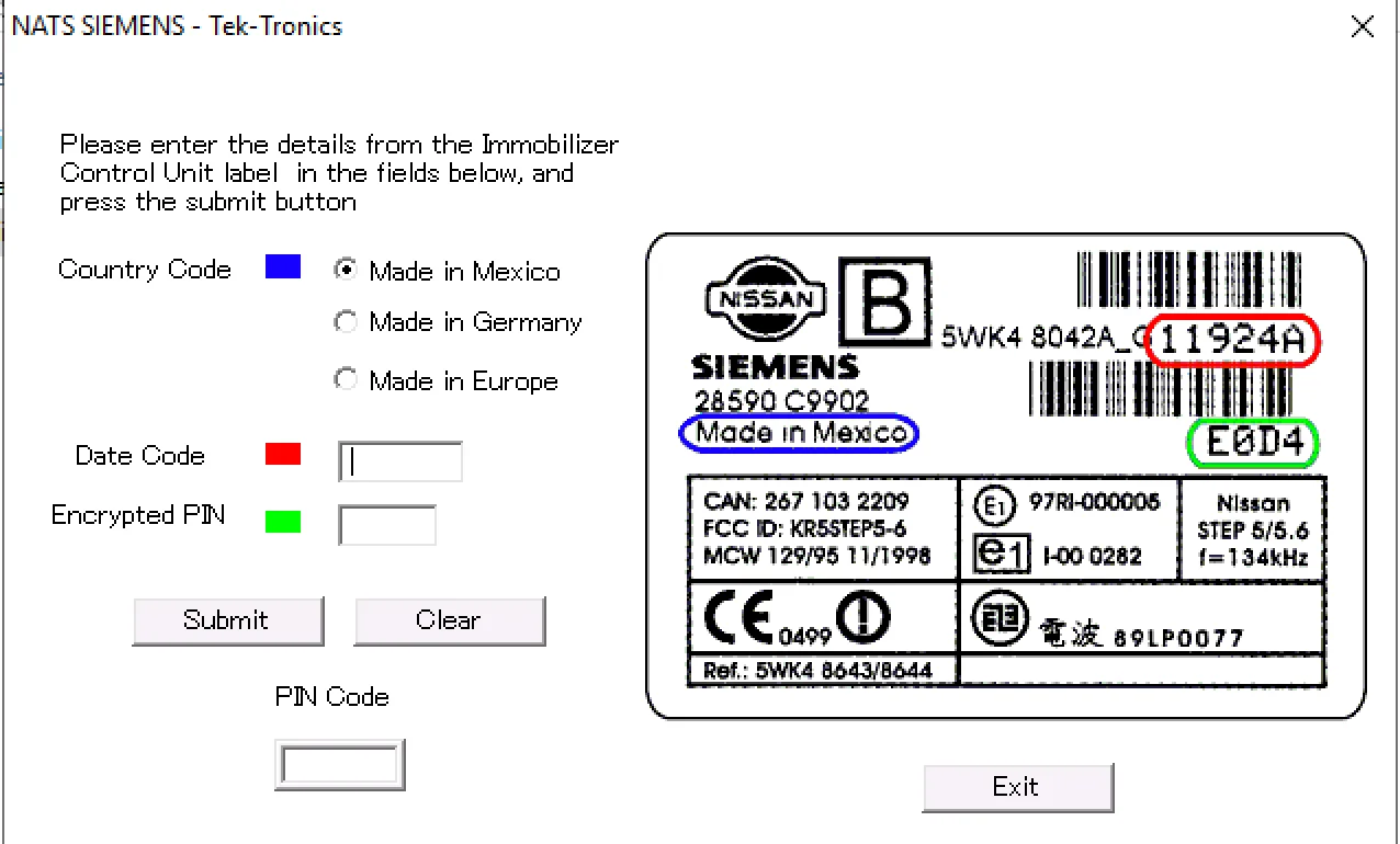 The user interface of the NATS SIEMENS PIN Code Calculator by Tek-Tronics, a tool for generating immobilizer PIN codes from the data on a Nissan Siemens NATS label.