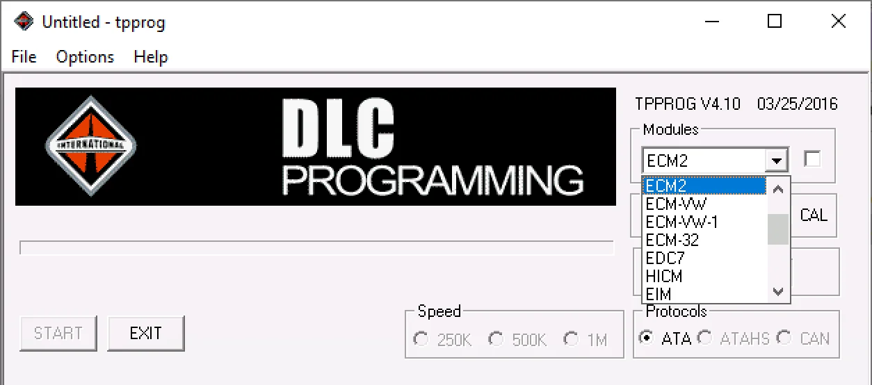 Navistar TPPROG 4.1.0.0 DLC programming screen showing module selection, protocol presets, and speed options for service workflows.