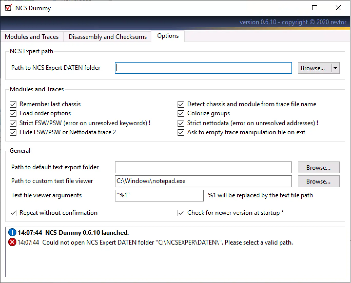 NCS Dummy 0.6.10 options tab showing DATEN folder path, trace handling settings and log messages.