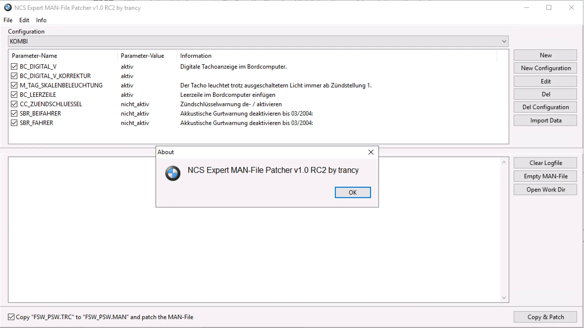 NCS Expert MAN file coding tool v1.0 RC2 main window showing KOMBI parameters and aktiv settings.