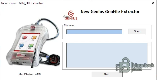 New Genius GenFile Extractor interface with source filename selector and extraction status panel