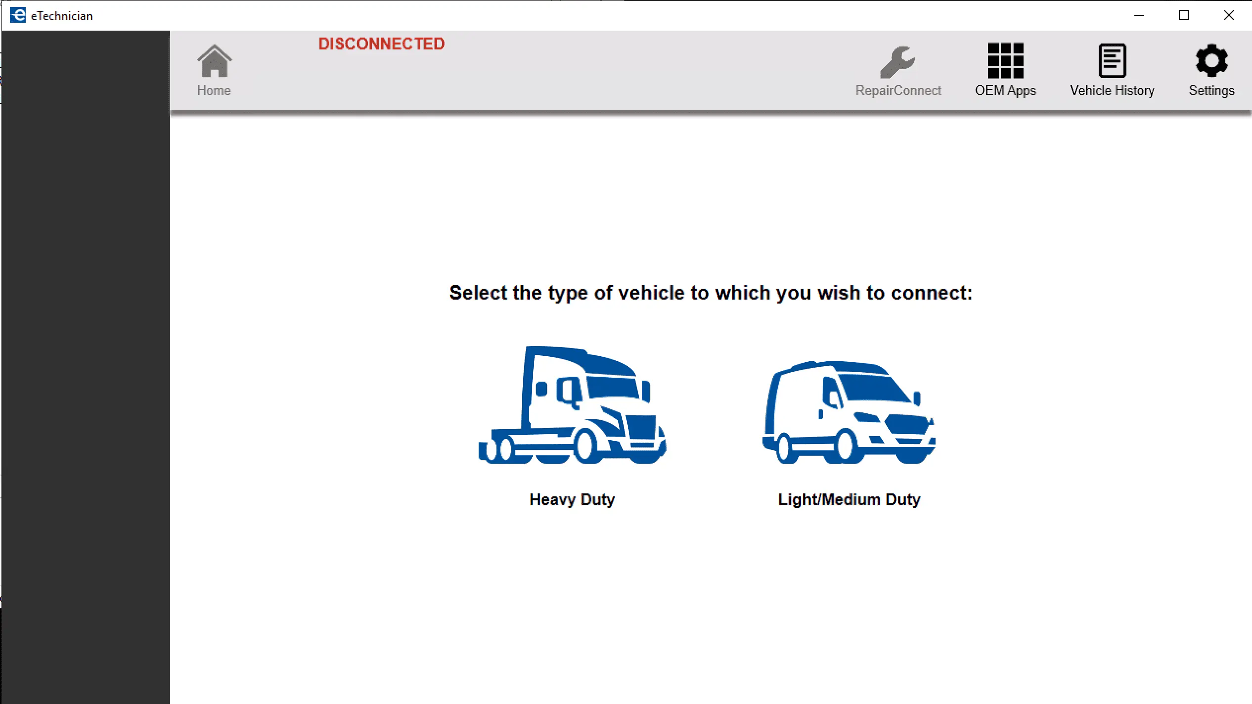 eTechnician v2.1 vehicle type selection screen for heavy duty and light or medium duty
