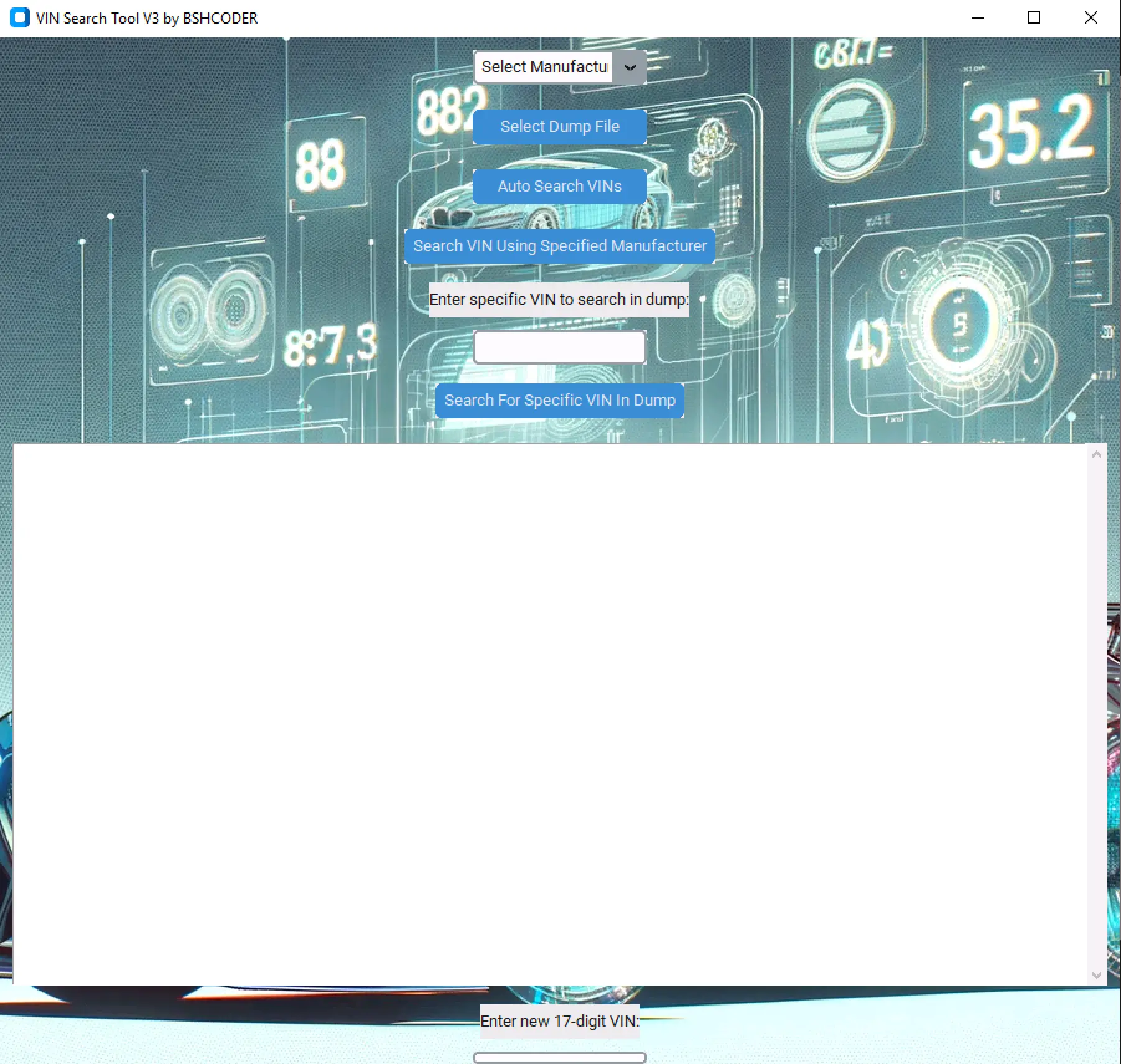Main window of NHTSA VIN Decoder Tool v3 showing dump file selection, auto VIN search, and specific VIN lookup options.