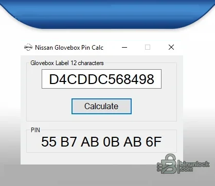 Nissan Glove Box PIN Calculator interface with a 12-character label and generated PIN