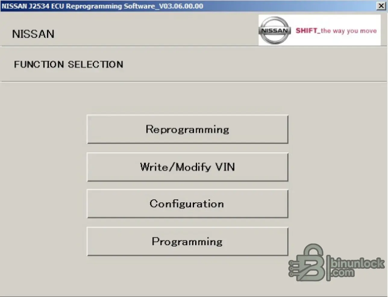 Nissan NERS J2534 ECU Reprogramming Software function selection screen