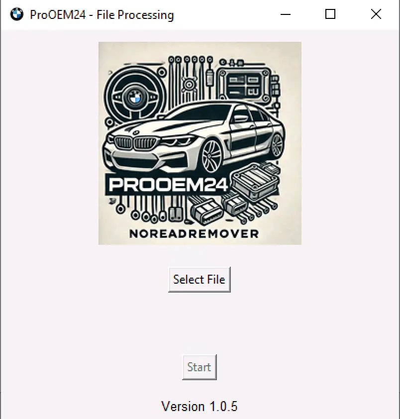 NOREAD Remover v1.0.5 main window showing Select File and Start buttons for unlocking ECU BIN files