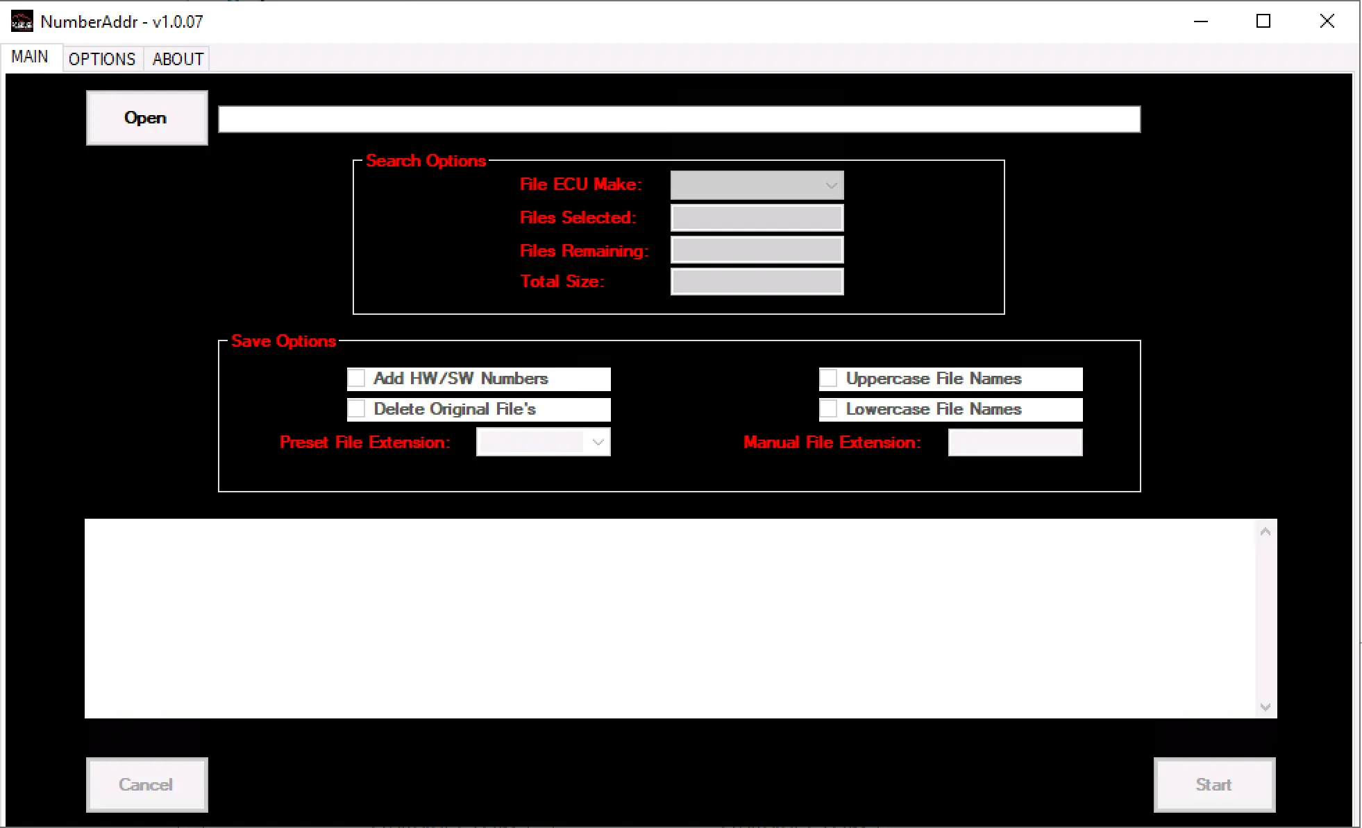NumberAddr 1.0.07 main screen for batch ECU file renaming with HW/SW add-on, extension presets, and filename case options.