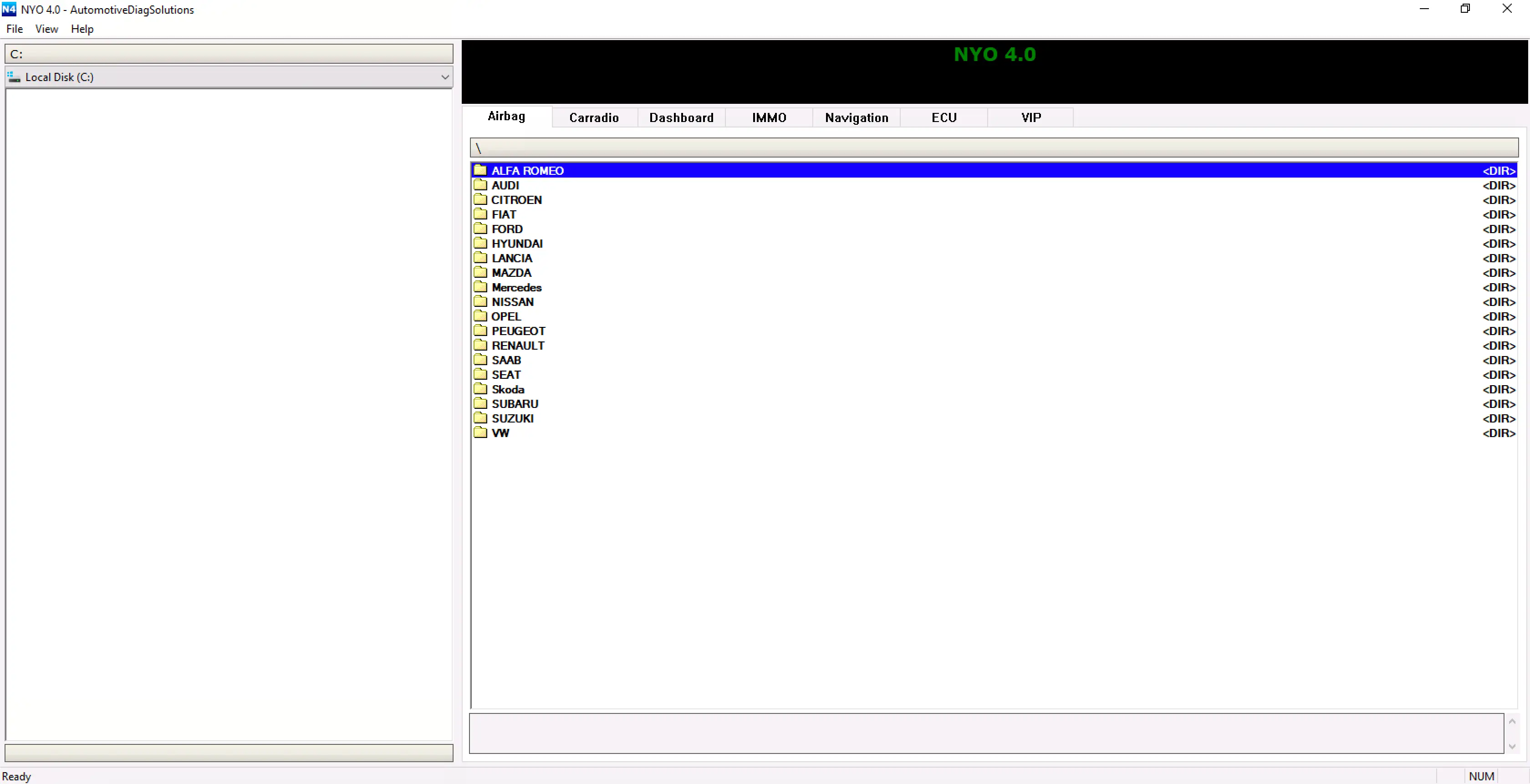 NYO 4.0 User R12.8 airbag module database screen showing supported car brands for crash data and dump editing.