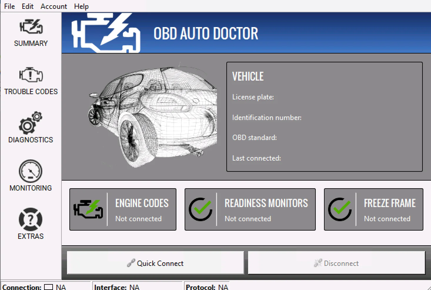 OBD Auto Doctor v4.4.6 dashboard with vehicle summary and quick actions for codes and monitors