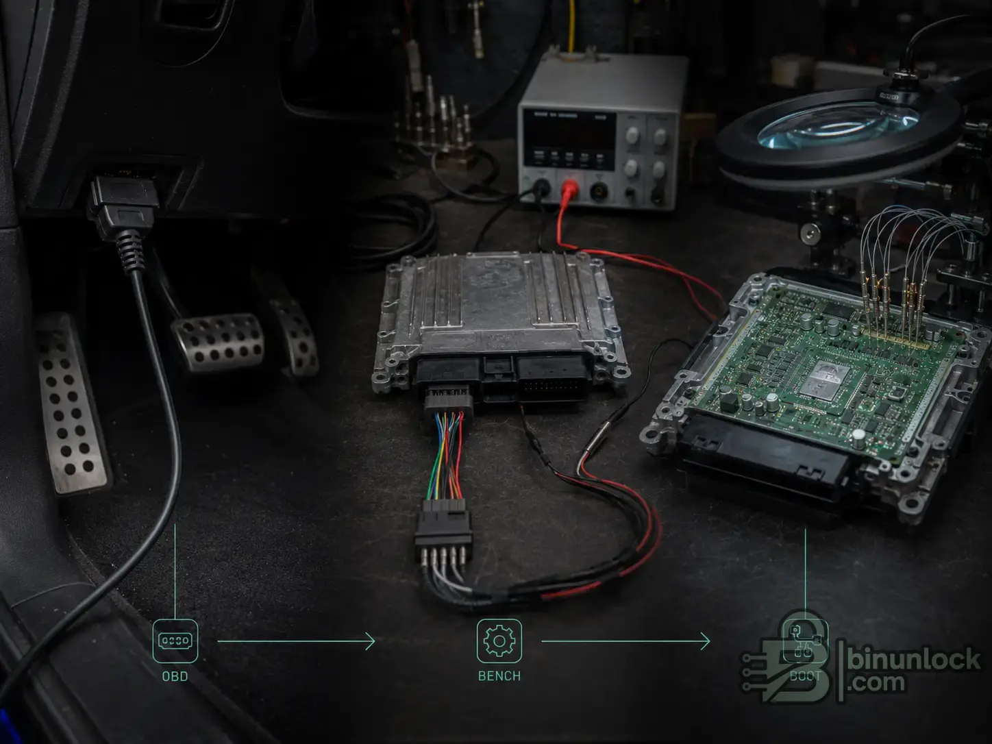 OBD, Bench and Boot ECU flashing access methods showing diagnostic port, bench harness and opened ECU board.