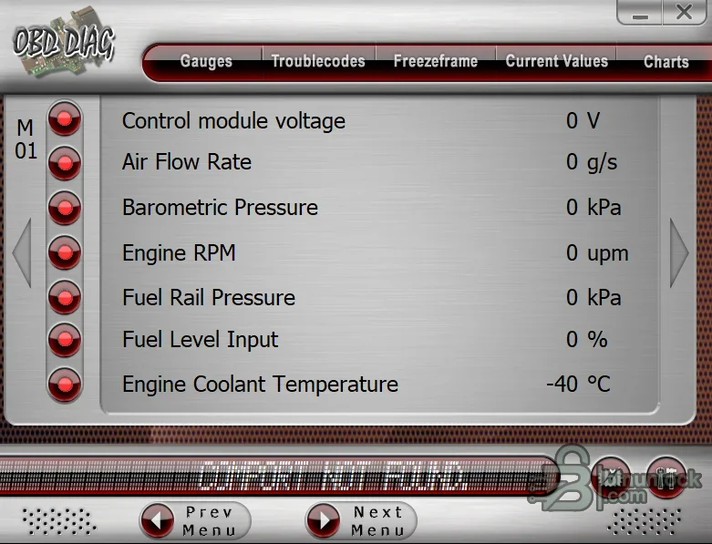 OBD-II PC diagnostic interface displaying control-module voltage, airflow, pressure, RPM, fuel level and coolant temperature