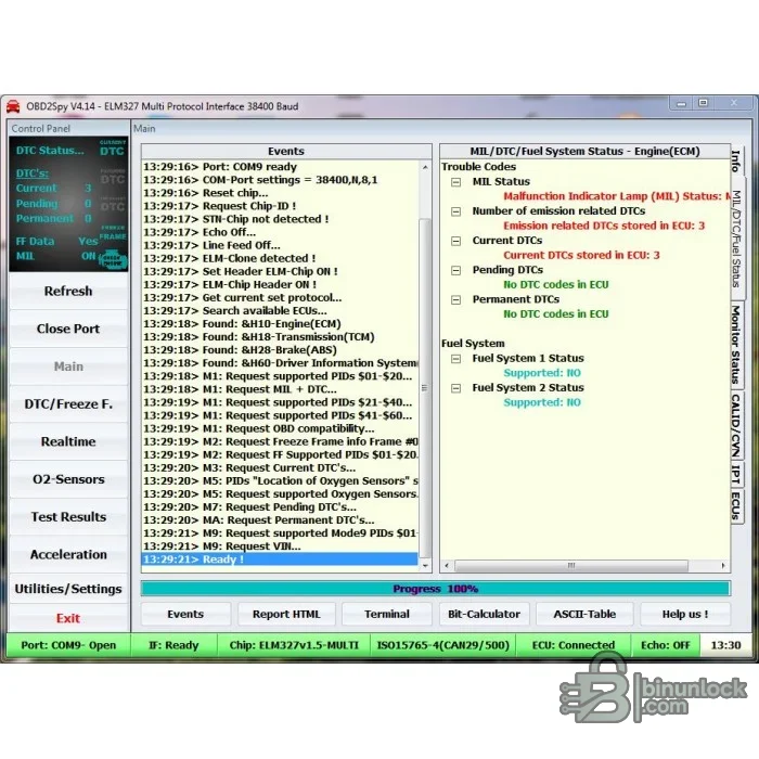 ELM327 diagnostic interface showing detected modules, protocol negotiation, DTC status and monitor data
