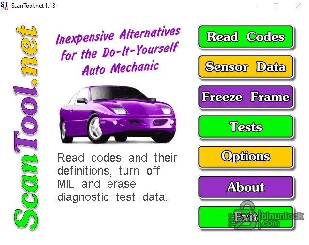 ScanTool menu for reading codes, sensor data, freeze frames and test results