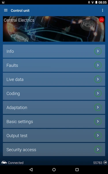 OBDeleven Pro Android control unit screen showing Info, Faults, Live data, Coding, Adaptation, Basic settings, Output test and Security access for VAG vehicles.