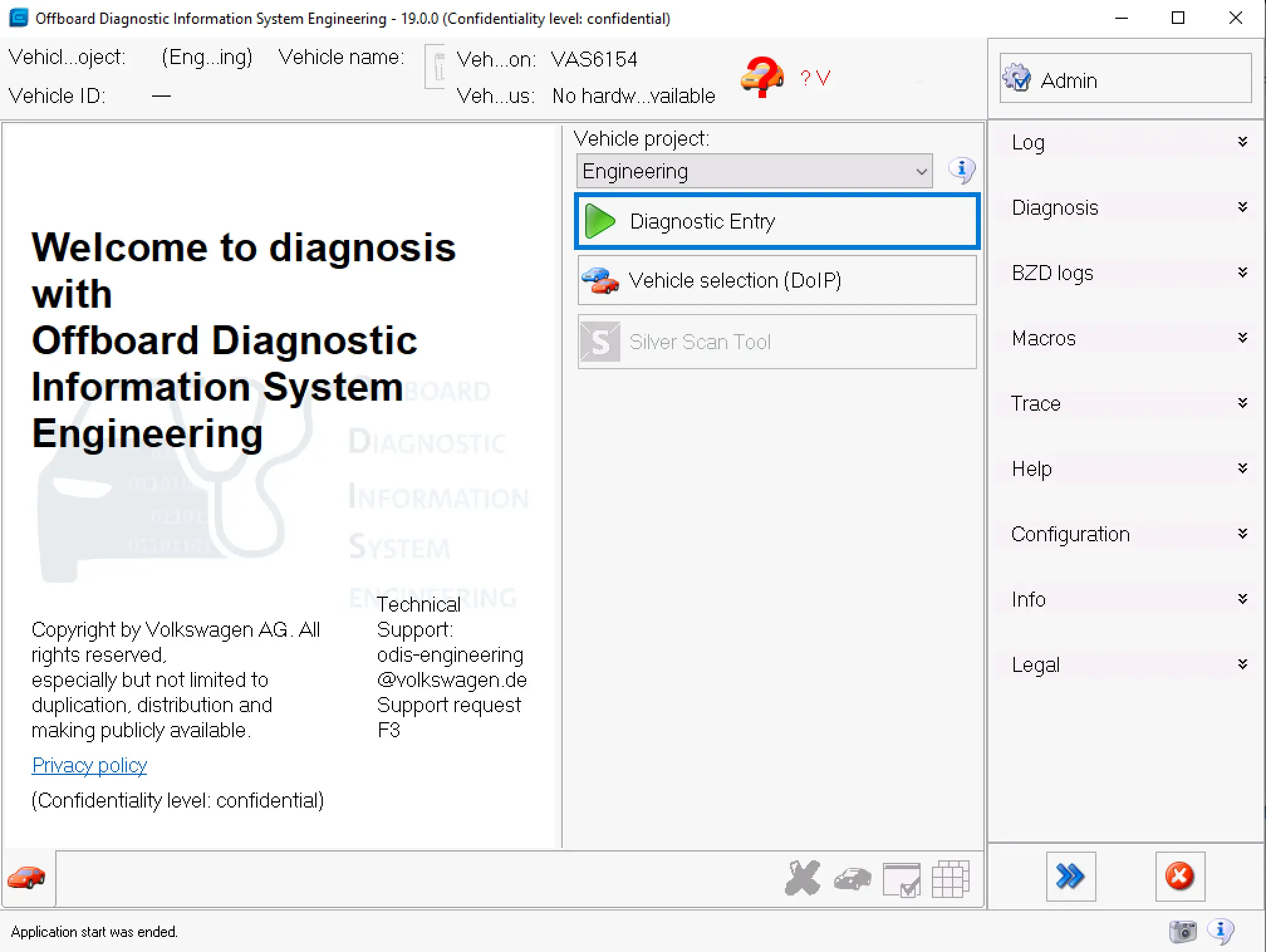 ODIS Engineering 19.0.0 welcome screen with Diagnostic Entry and DoIP vehicle selection for Volkswagen Group ECU diagnostics.