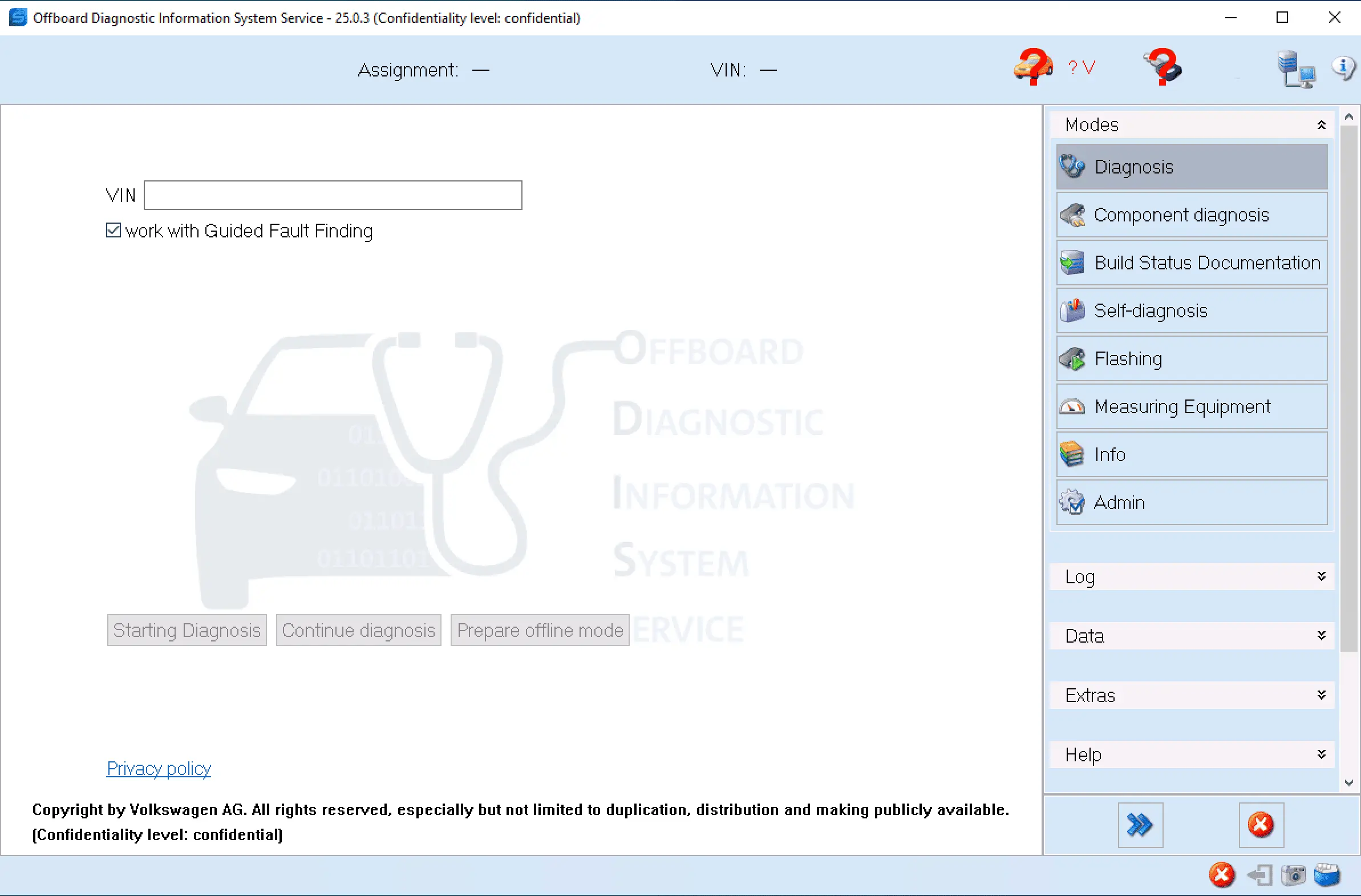 The main diagnosis screen of ODIS Service 25.0.3, showing the VIN entry and the option for work with Guided Fault Finding.