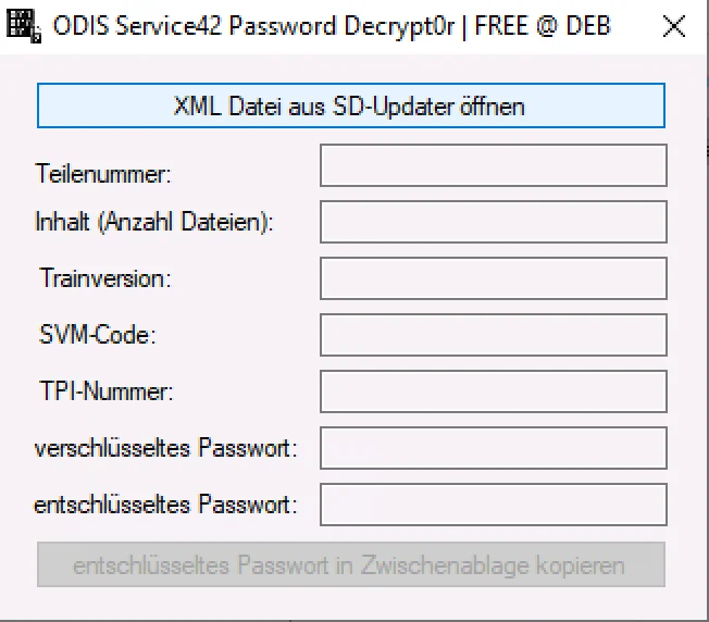 ODIS SD-Updater XML analyzer v42 showing part number, trainversion, SVM code, TPI number and password fields for VAG updates.