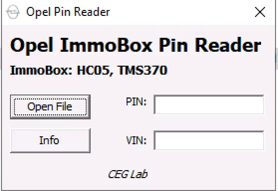 The main interface of the Opel ImmoBox Pin Reader by CEG Lab, showing its function to read the PIN and VIN from HC05 and TMS370 dump files.