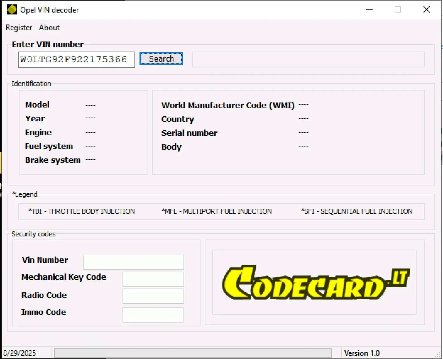 The main interface of the Opel VIN Decoder v1.0, showing fields to input a VIN and output vehicle specs and security codes like the Key, Radio, and Immo code.
