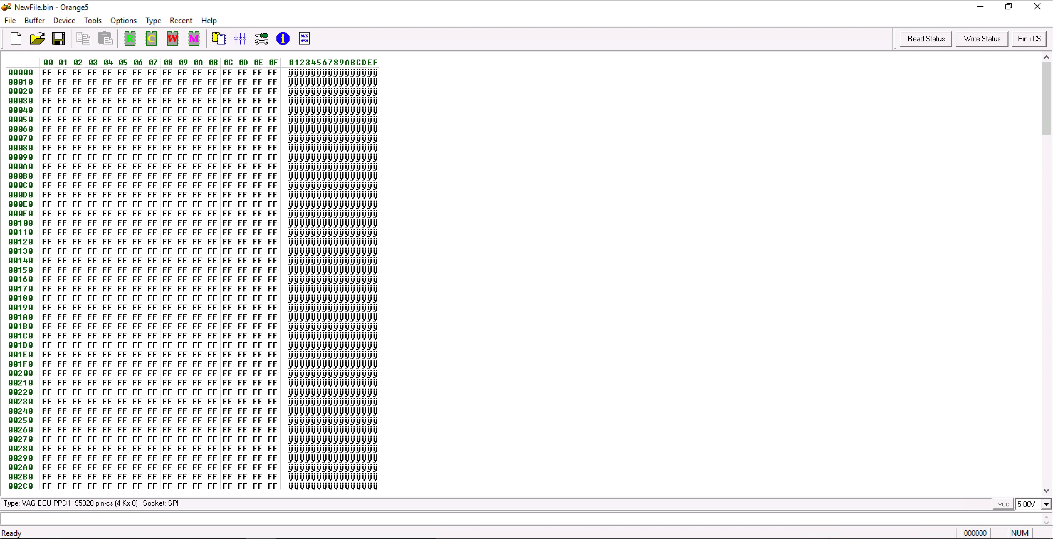 The main hex editor interface of the Orange 5 v1.34 programmer software, showing the data buffer used for reading and writing chip memory.