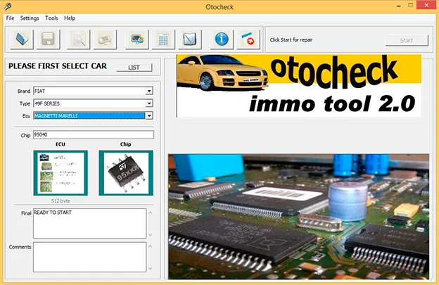 OtoCheck v2 main interface showing brand and ECU selection for immobiliser dump repair