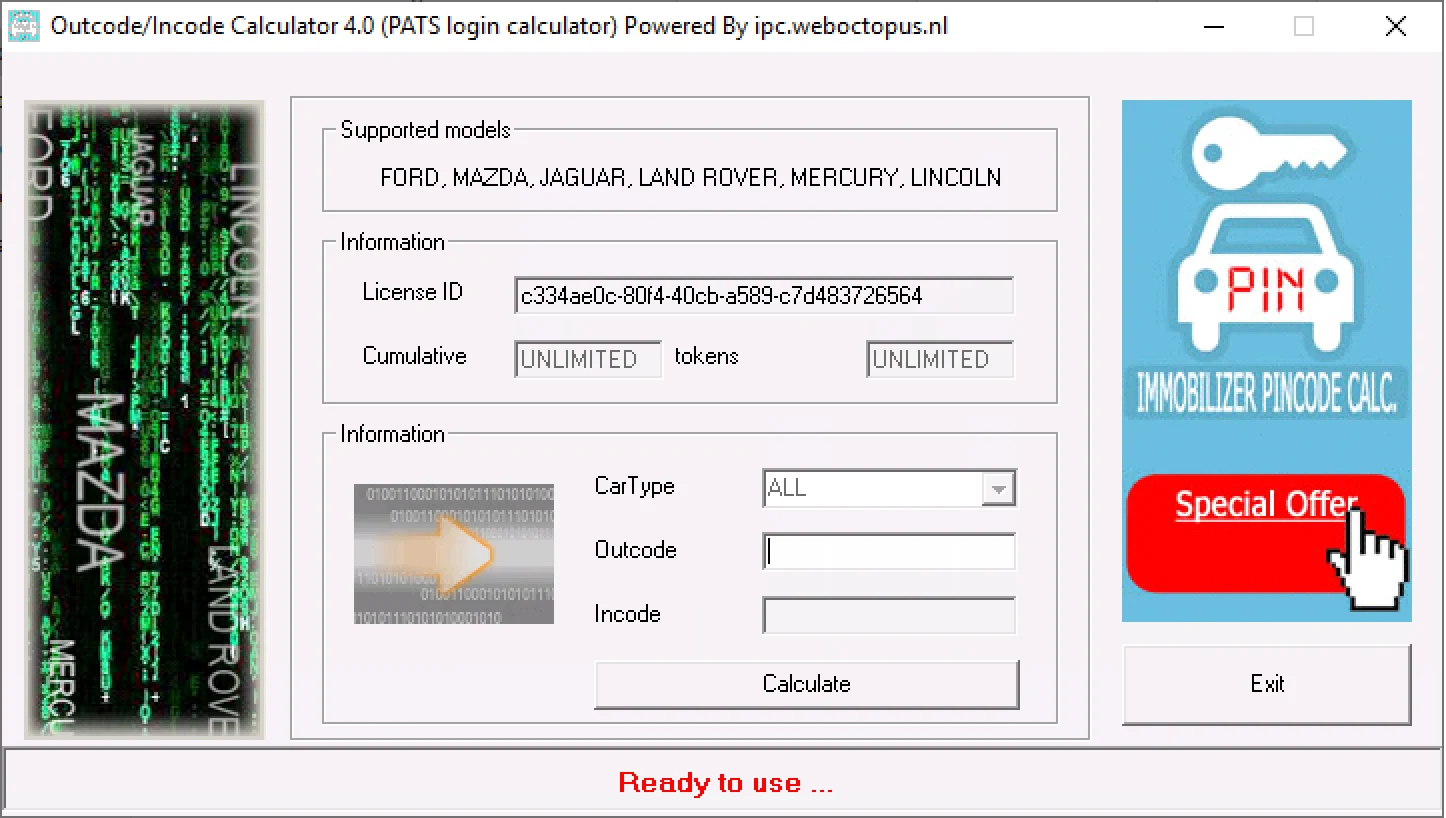 The main interface of the Outcode/Incode Calculator v4.0, showing the supported models like Ford and Jaguar, and fields for calculating the Incode from an Outcode. 