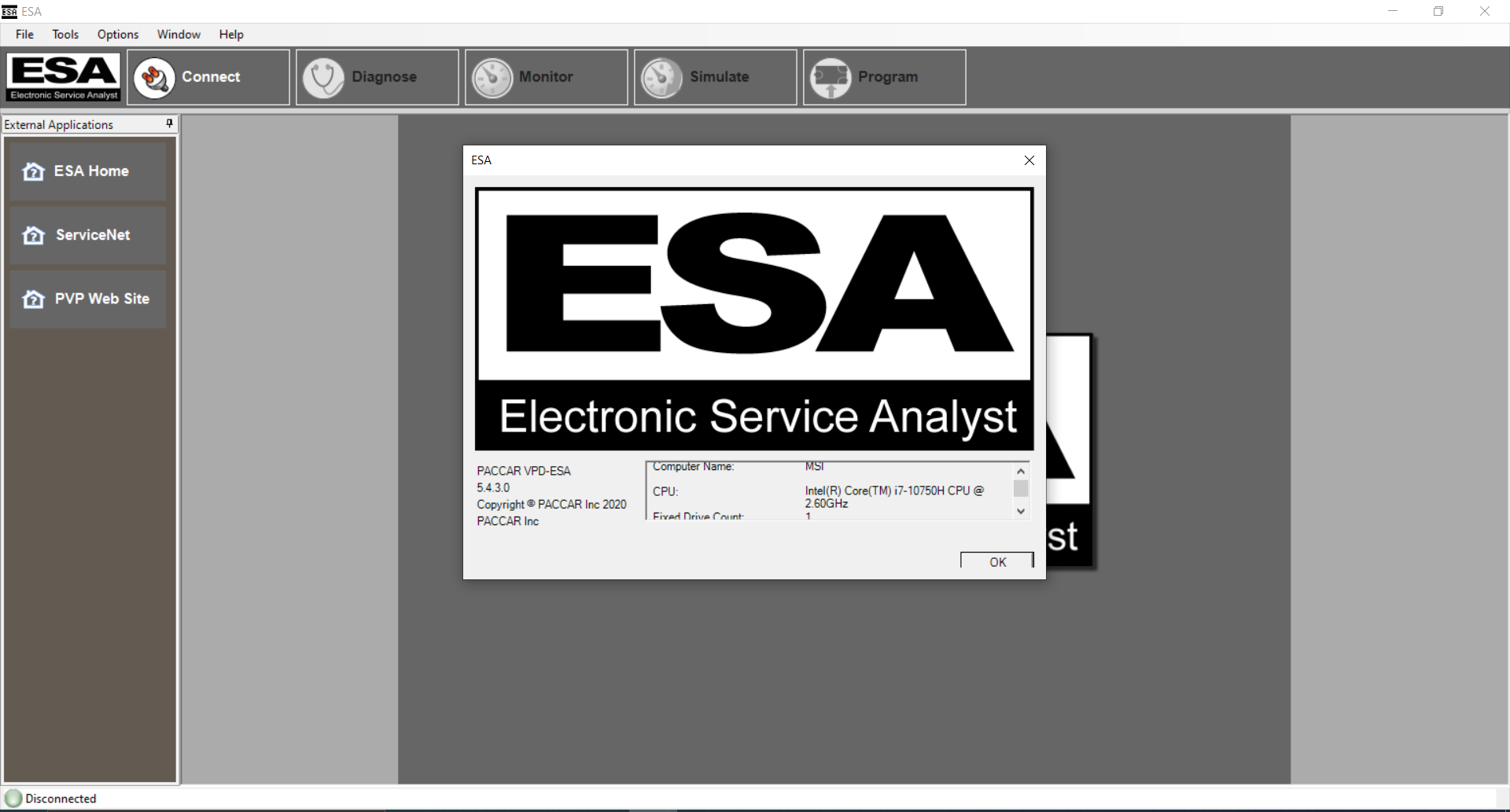 PACCAR ESA v5.4.3 about window inside Electronic Service Analyst interface