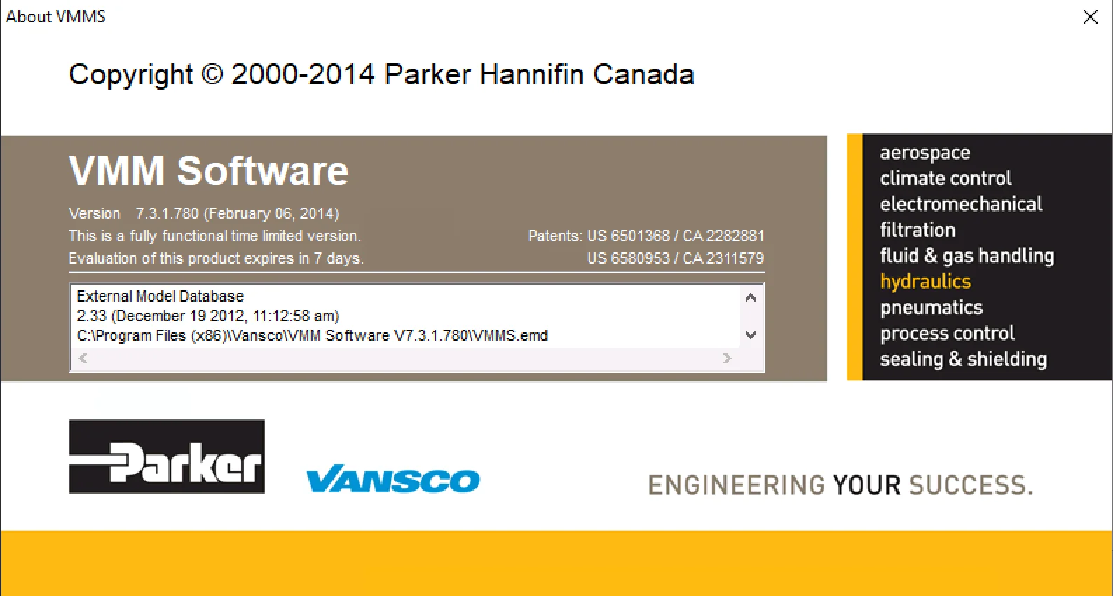 About screen of Parker Vansco VMMS 7.3.1.780 showing software version details and external model database information.