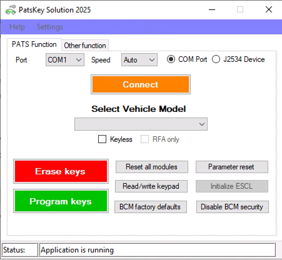 PatsKey Solution v2025 main screen with connect program keys erase keys and J2534 options