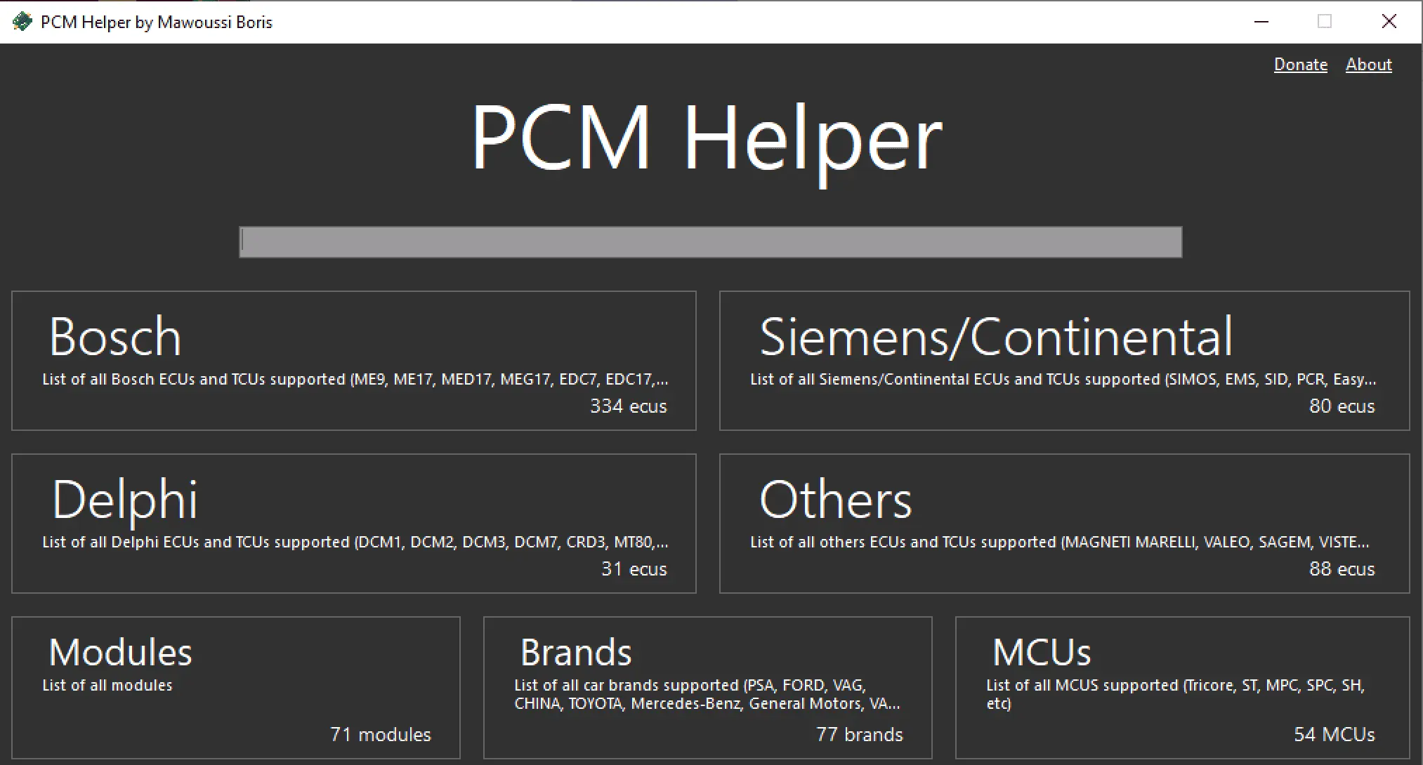 PCM Helper v1.x home showing makers Bosch Siemens Delphi and quick search