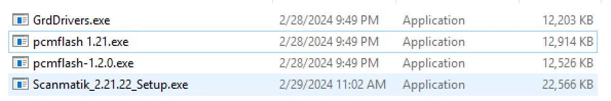 The file list for the Pcmflash software package, showing the main executables for Pcmflash 1.21, Scanmatik 2.21.22, and the Guardant drivers.