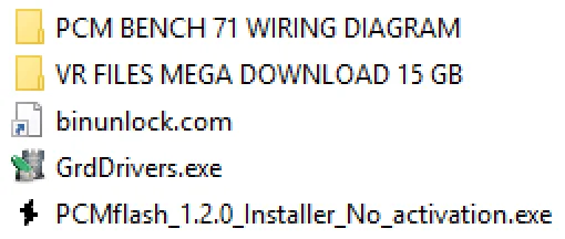 PCMflash v1.2.0 bench kit package showing wiring folder VR library and installers