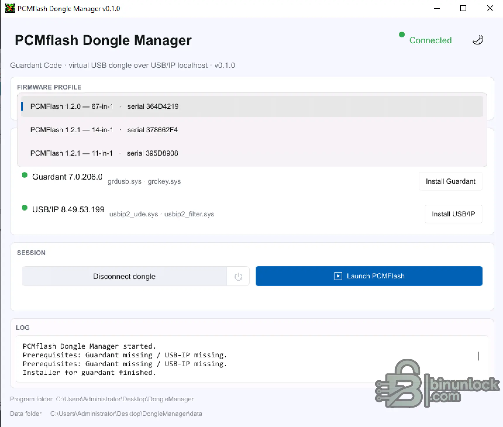 PCMFlash Dongle Manager with 67-in-1, 14-in-1 and 11-in-1 legacy profiles connected through USB/IP