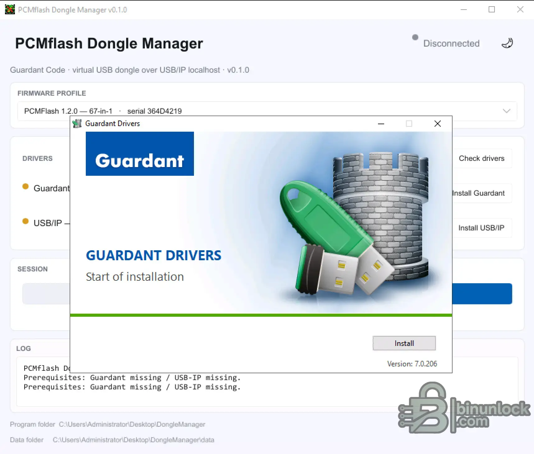 PCMFlash Dongle Manager installing Guardant drivers for the local virtual USB dongle session