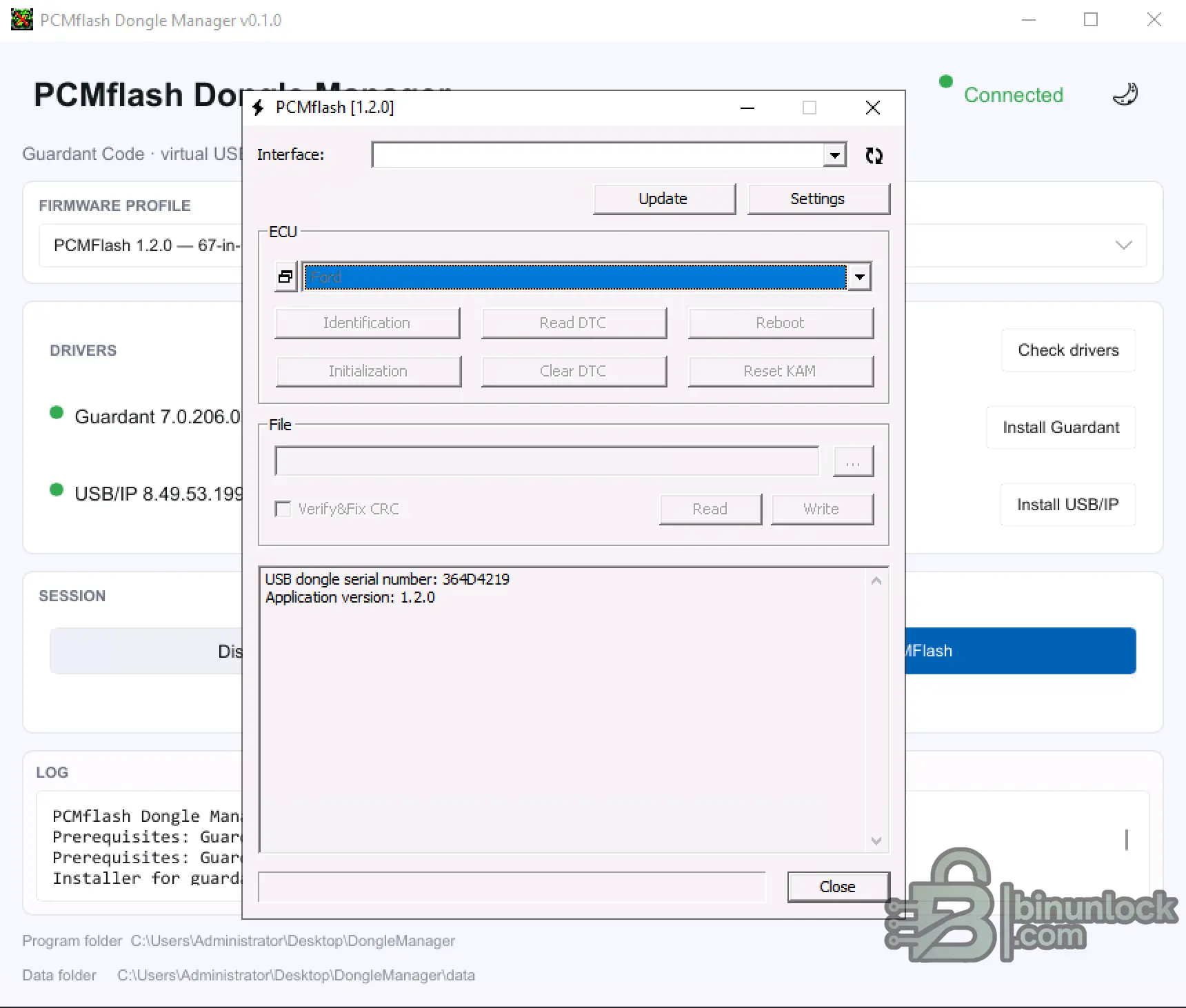 PCMFlash 1.2.0 launched through the PCMFlash Dongle Manager 67-in-1 profile