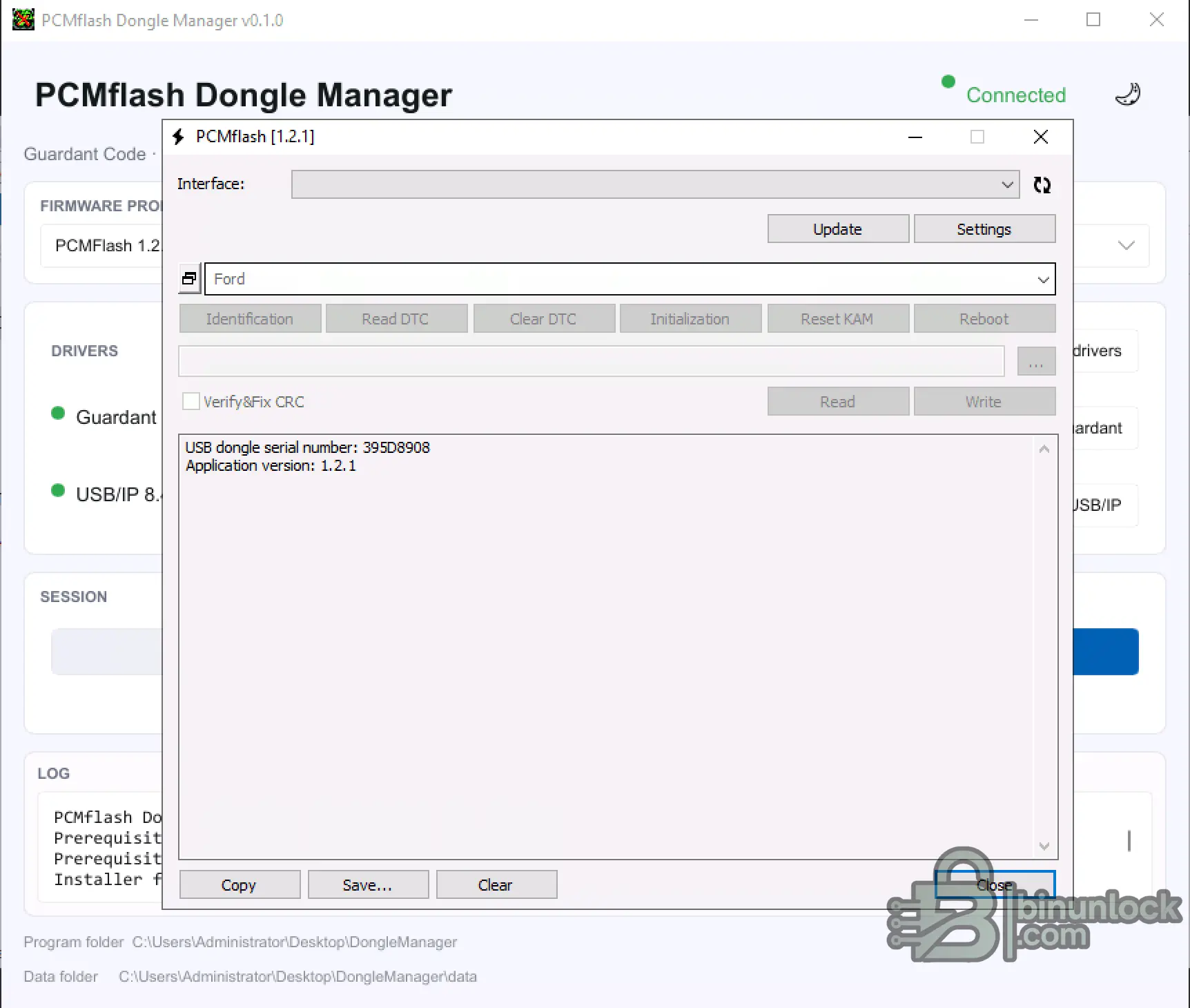 PCMFlash 1.2.1 launched through PCMFlash Dongle Manager using a legacy profile