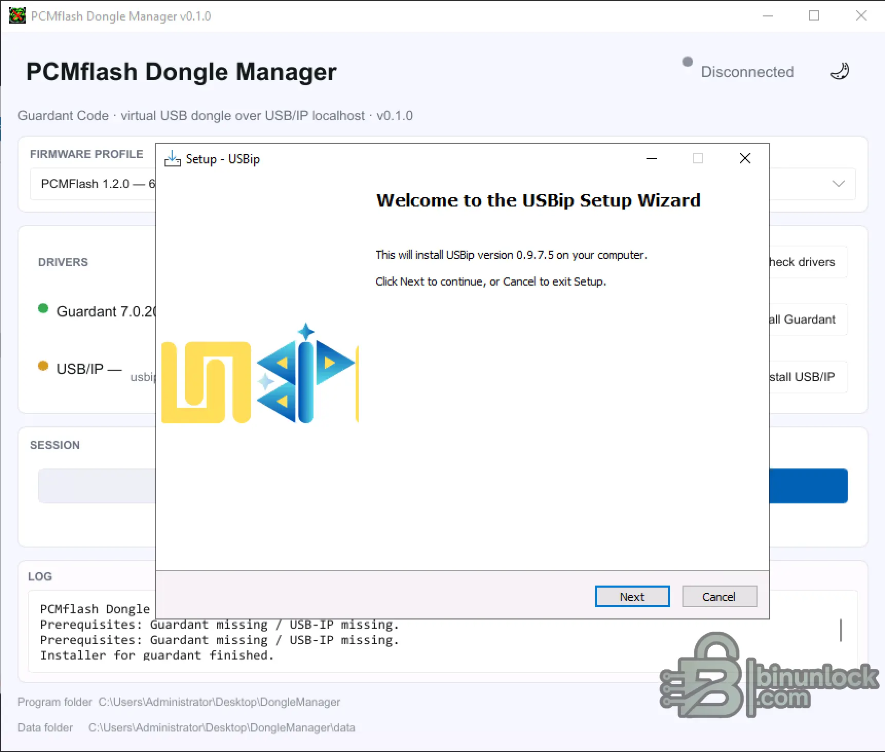 USB/IP driver setup used by PCMFlash Dongle Manager for the local virtual device connection