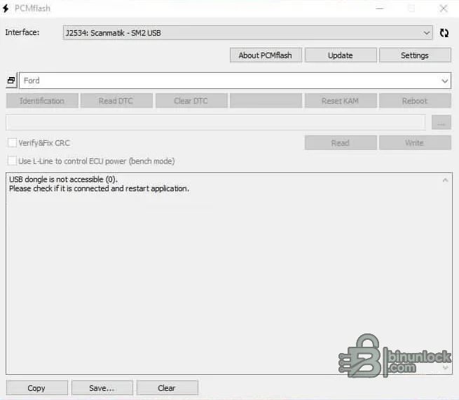 PCMflash J2534 ECU programming interface showing Scanmatik adapter selection and read write controls