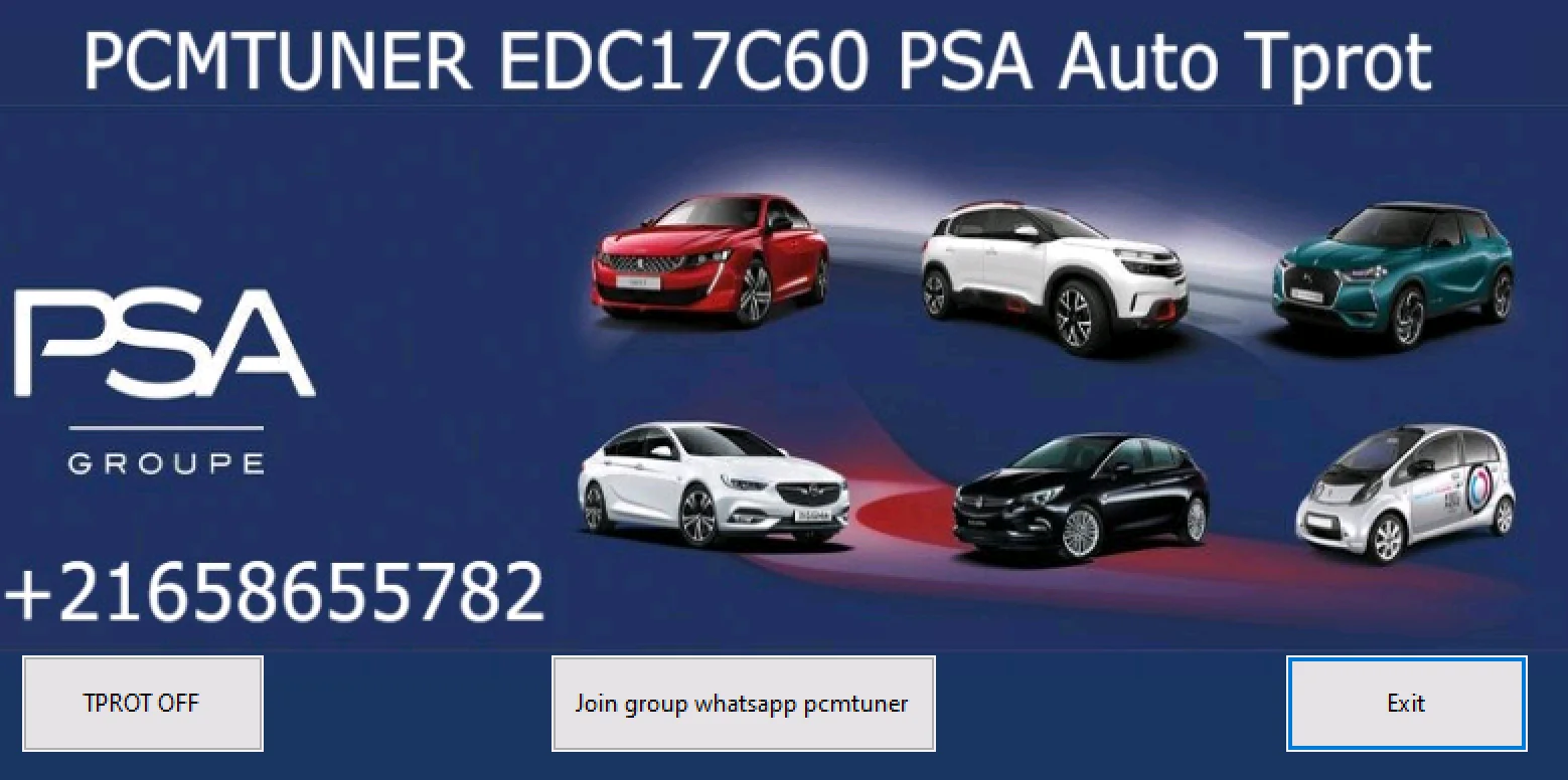 Build 2023-03 PCMTuner PSA EDC17C60 utility for ECU identification, authorized access, and workshop logging.