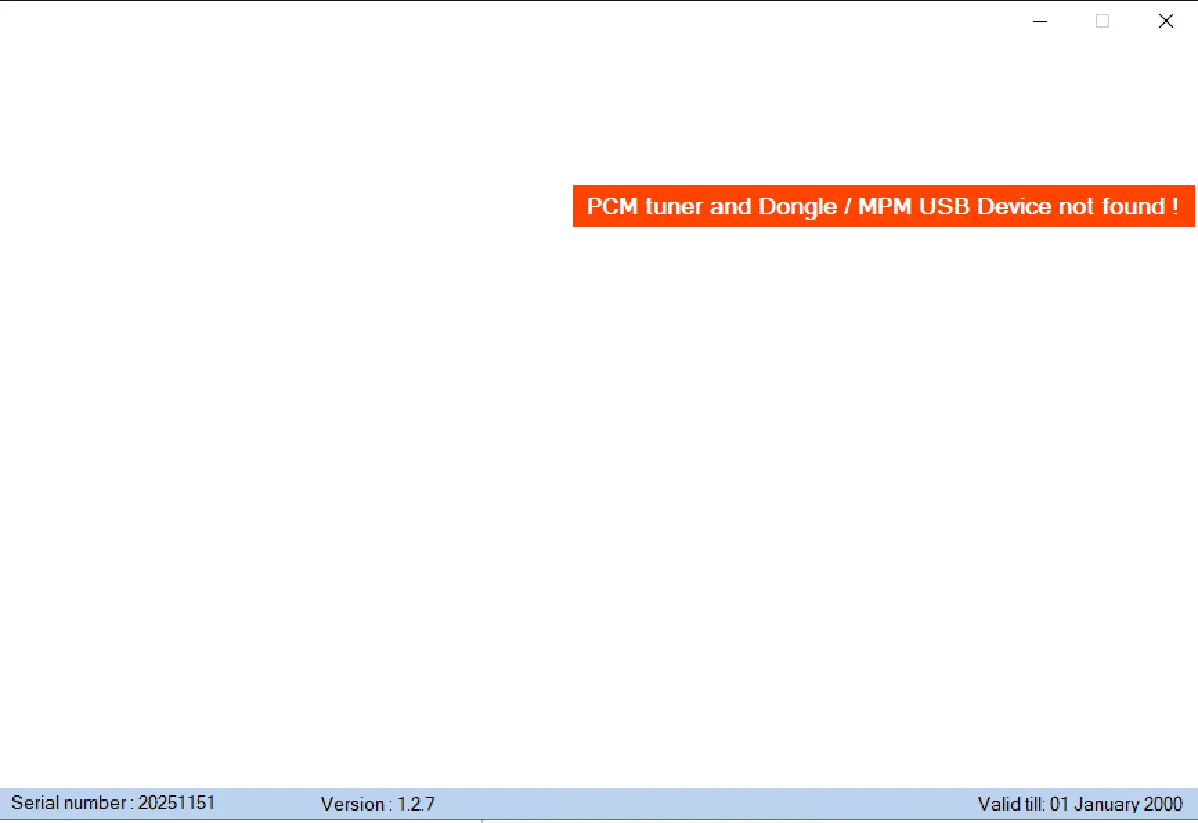 The main interface of PCMtuner v1.2.7 software displaying the error message PCM tuner and Dongle / MPM USB Device not found!, indicating that the required hardware is not connected.
