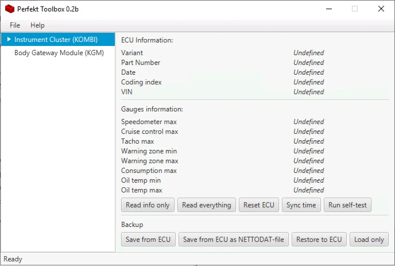 Perfekt Toolbox 0.2b ECU information screen for KOMBI with self-test and sync time actions.