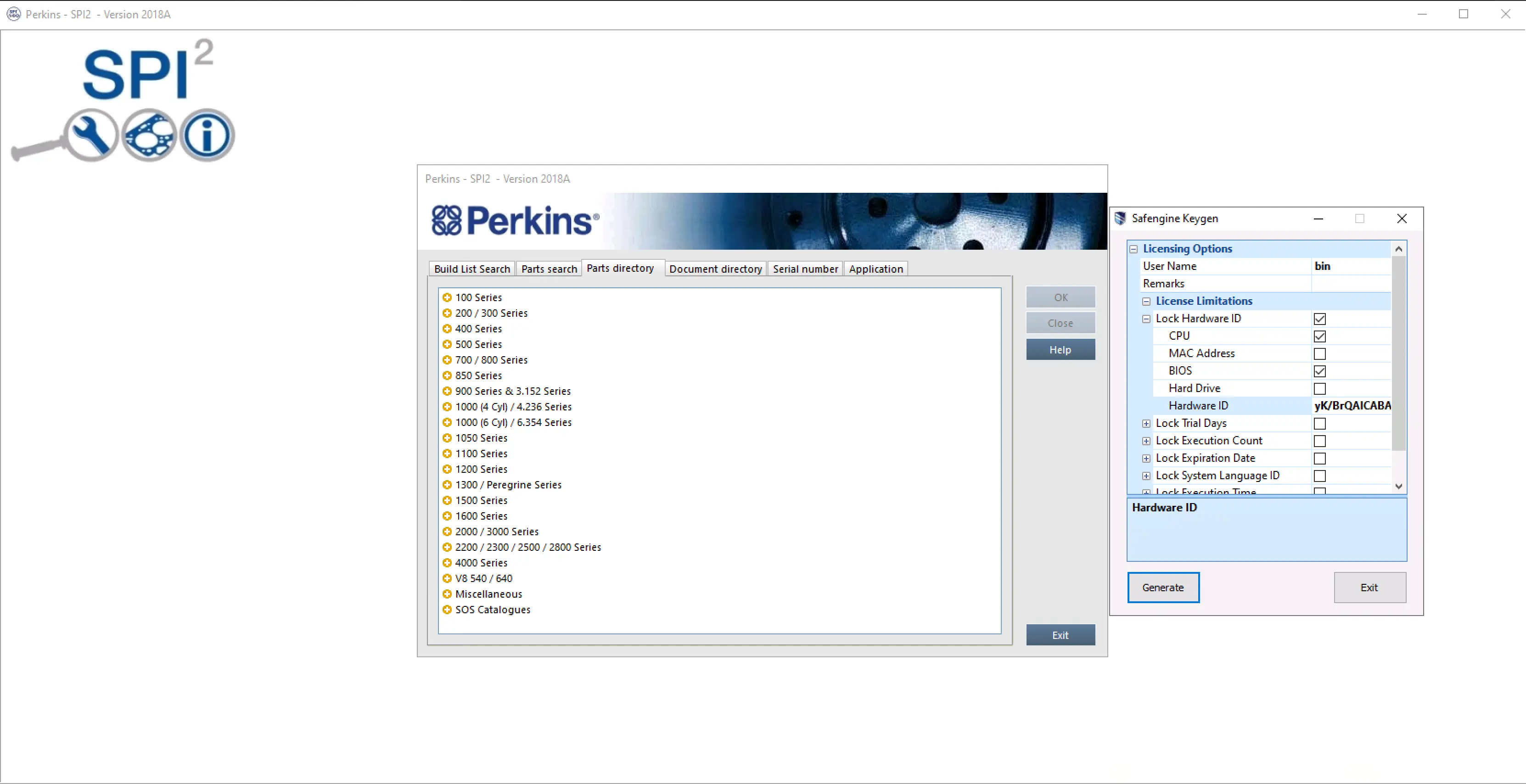 Perkins SPI2 2018A build list search screen with engine series tree for parts lookup and documentation access.