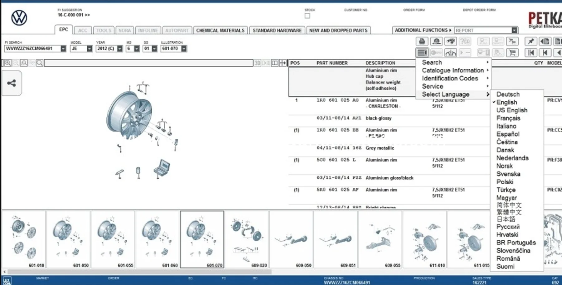 PETKA v8.9 EPC interface showing updated engine block diagram and part numbers