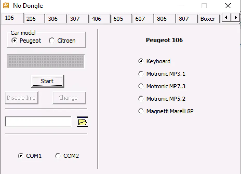 Legacy Peugeot Citroen keypad immobilizer code tool for Peugeot 106 with Motronic and Magneti Marelli options and serial COM workflow.