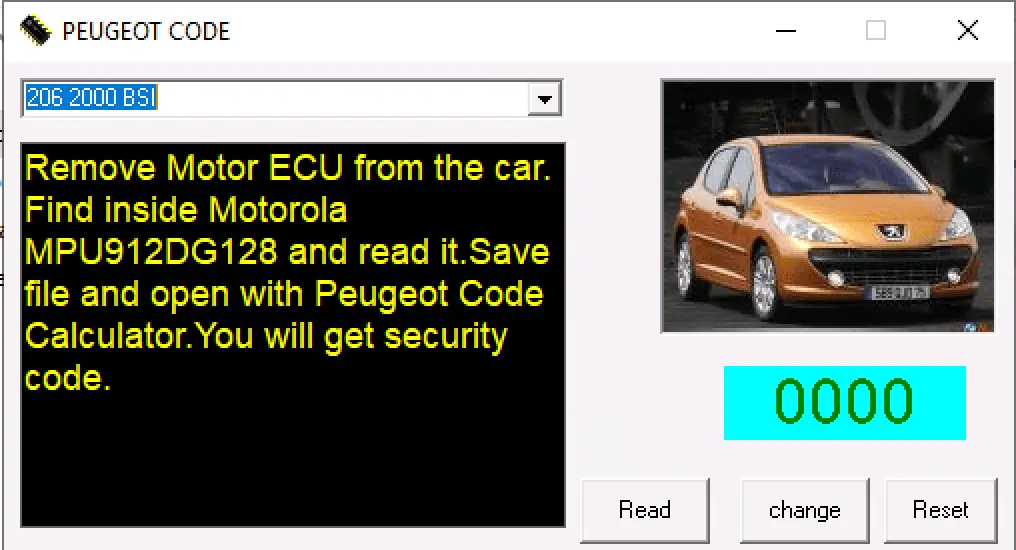 The Peugeot Code Calculator showing instructions to read the Motorola MPU912DG128 chip to extract the security code. 