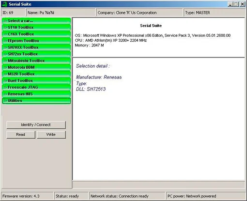 The main software interface of the Piasini Engineering Serial Suite v4.3, showing it is a Master type. The left menu displays the various supported processor toolboxes, including ST10, Mitsubishi, Motorola BDM, and Renesas.