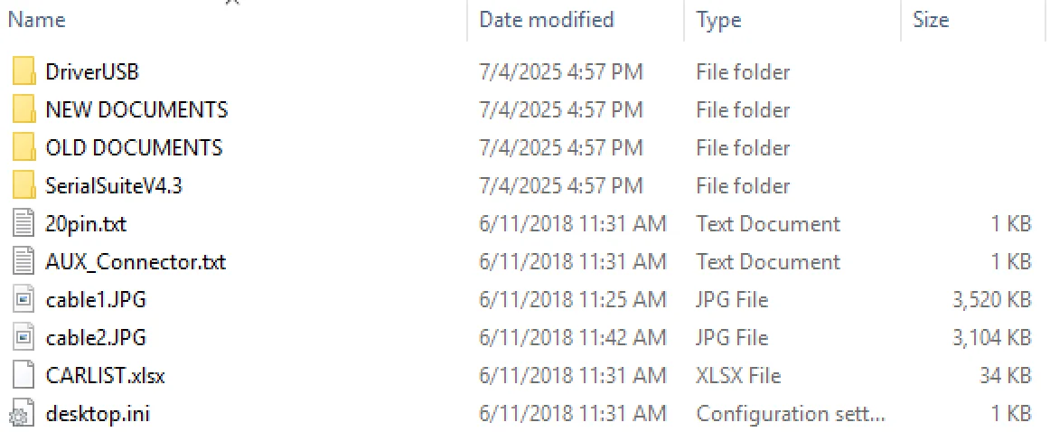 The file structure of the Piasini Engineering Serial Suite v4.3 package, showing the main software folder, drivers, car list, and documentation.